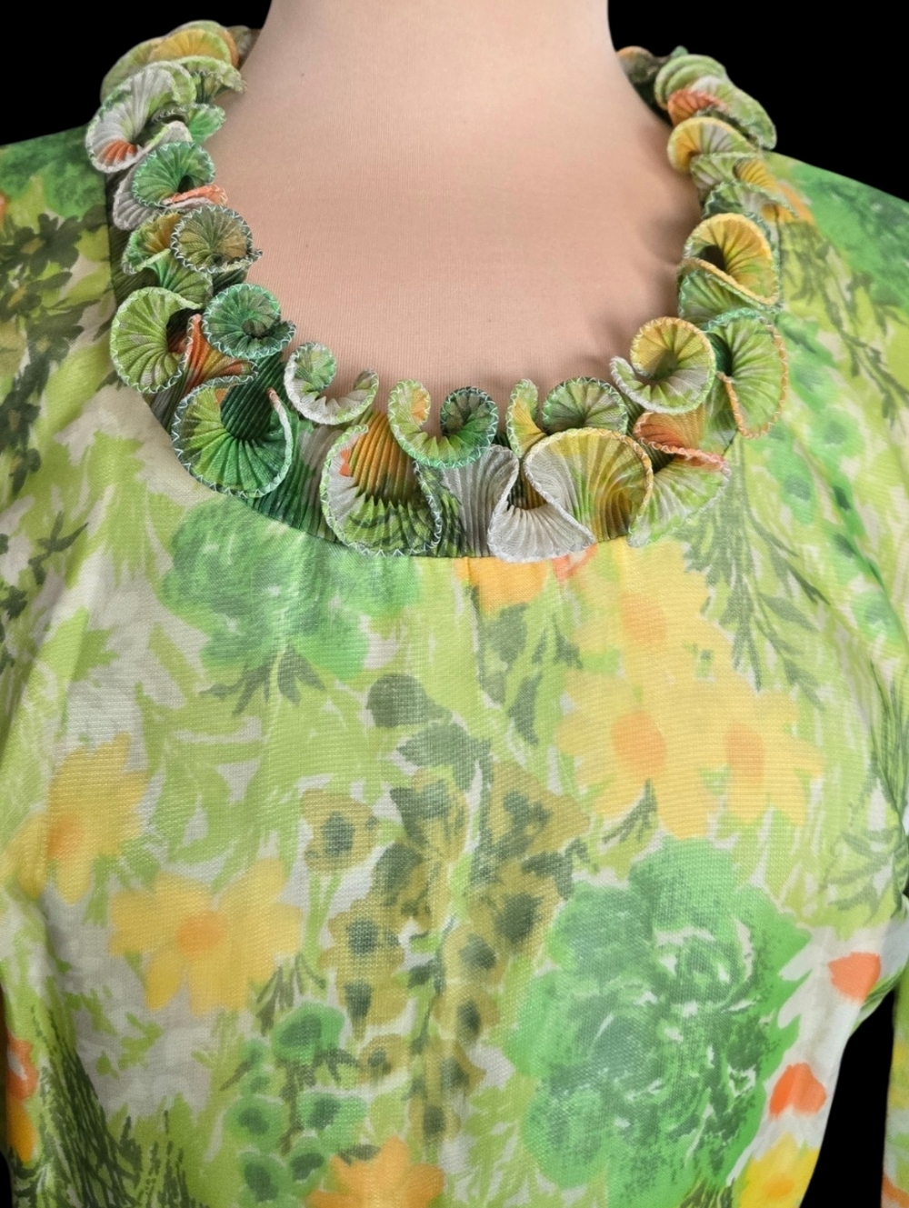 VTG 60s Mod Hippie Dress Long Chiffon Green Daisy Floral Formal Hostess Gown - Picture 2 of 11